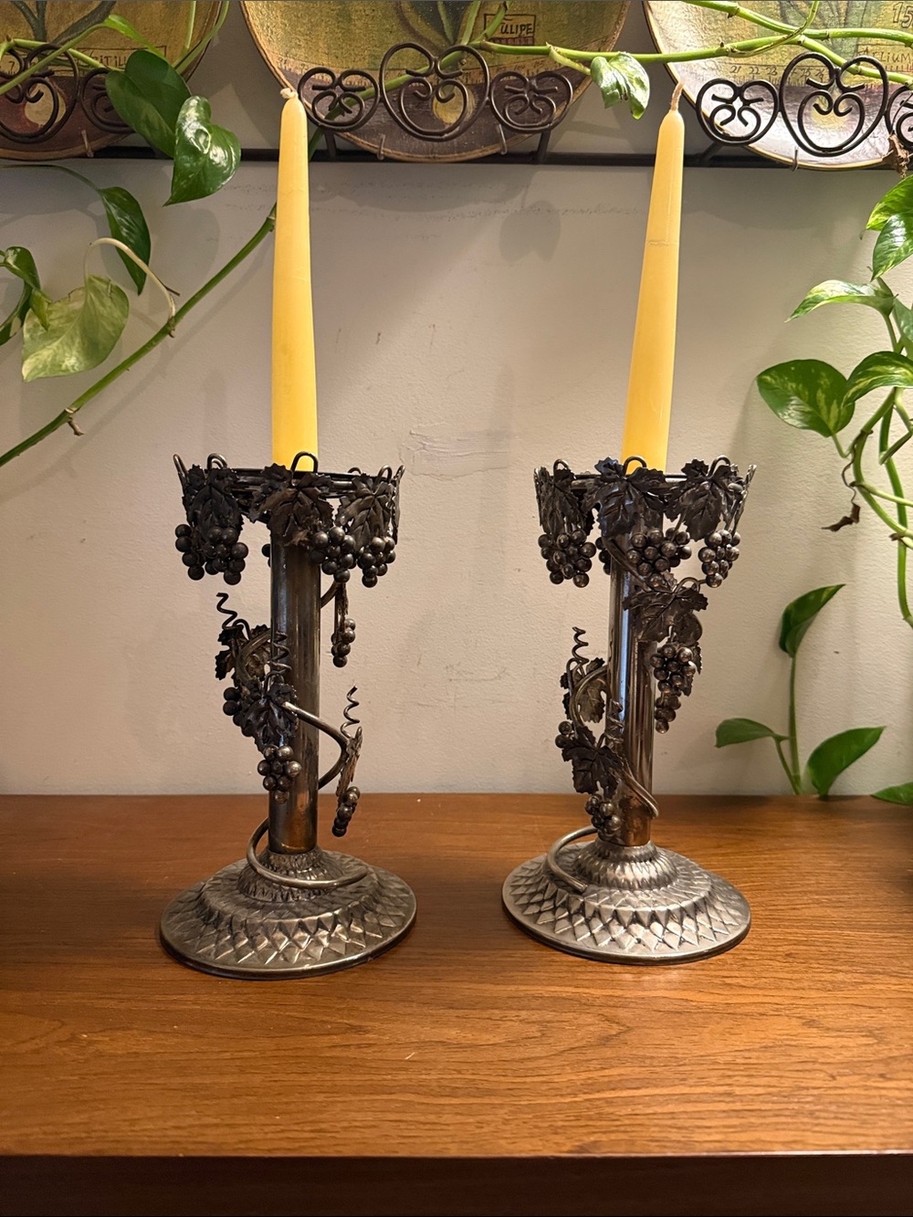 2 VTG Ornate Candle Stick Holders Grape Vine Grapevines Wine